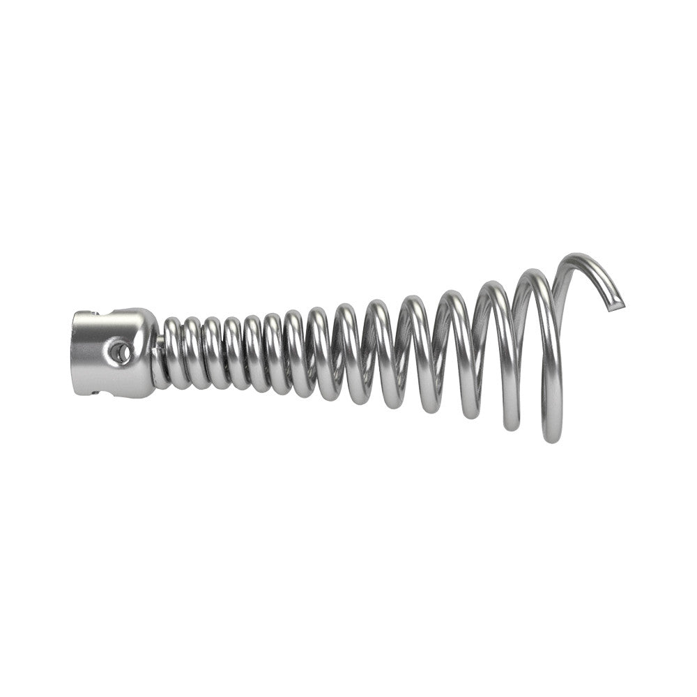 Metal funnel auger cable with coiled spring design and connector fitting on left end.