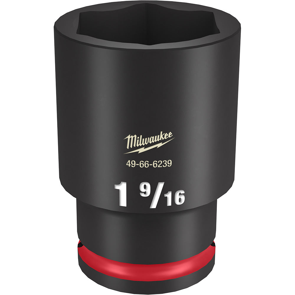 Black deep socket with 1-9/16" size marking, 1/2" drive, hexagonal opening, and red grip band at base.