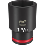 Black deep socket with 1-9/16" size marking, 1/2" drive, hexagonal opening, and red grip band at base.