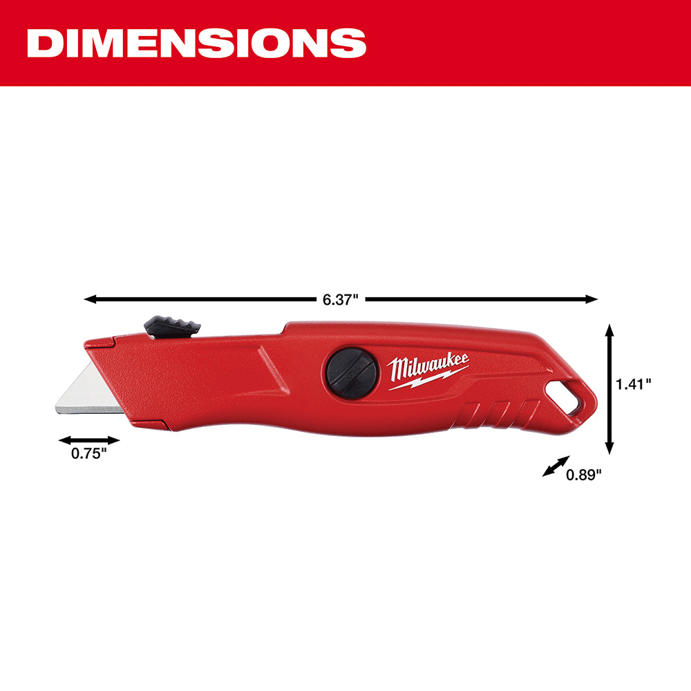 Red Milwaukee utility knife with self-retracting blade, dimensions labeled as 6.37" length, 1.41" height, 0.75" blade width, 