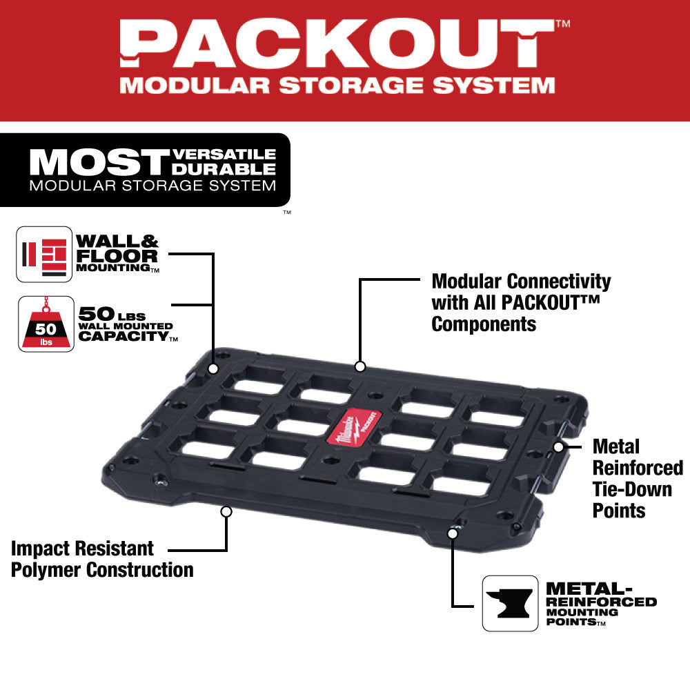 Black rectangular mounting plate with grid of white rectangular cutouts and metal reinforced tie-down points.