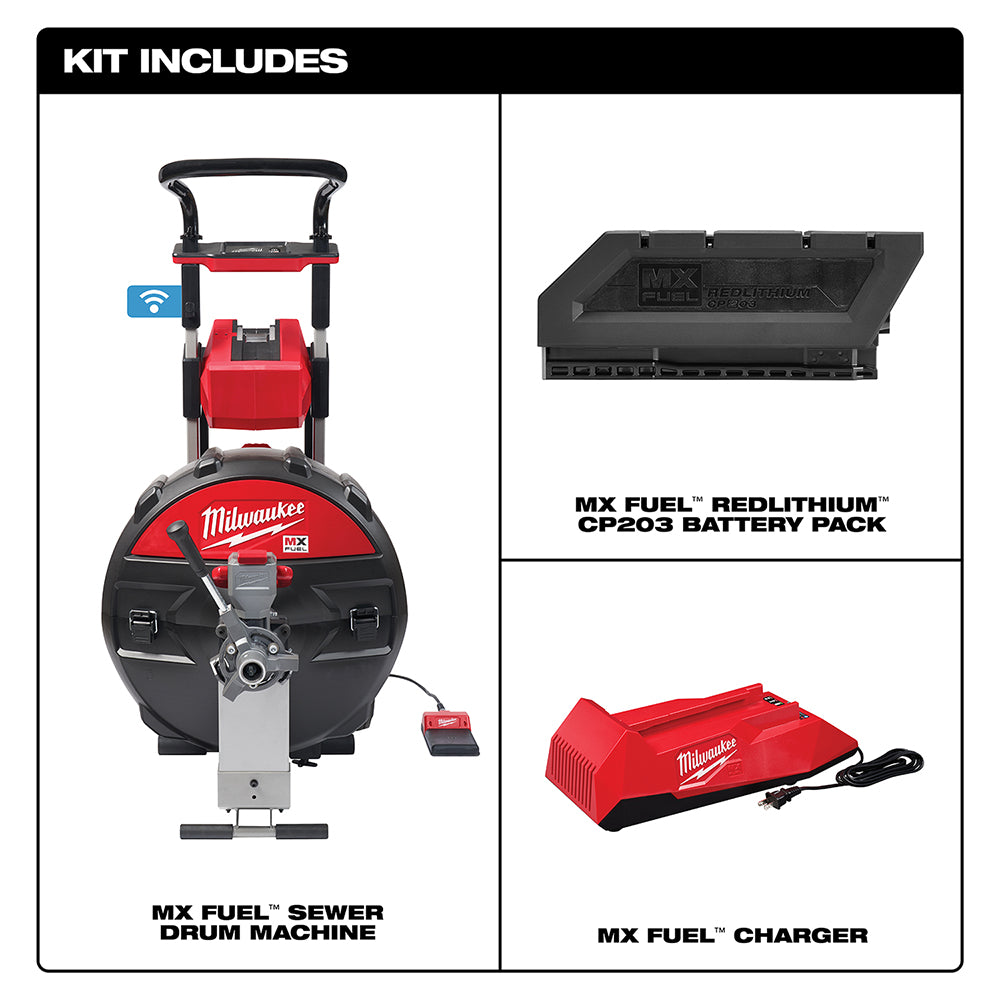 Red and black Milwaukee MX FUEL sewer drum machine with handle, battery pack, and charger included in kit.
