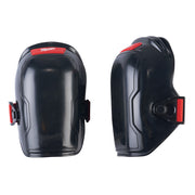 Black and red Milwaukee knee pads shown from front and side views with red straps and branded top panel.