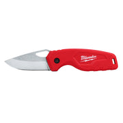 Milwaukee compact folding knife with red handle and stainless steel blade in open position.
