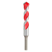 Carbide hammer drill bit with red and gray spiral flutes and pointed tip for masonry drilling.