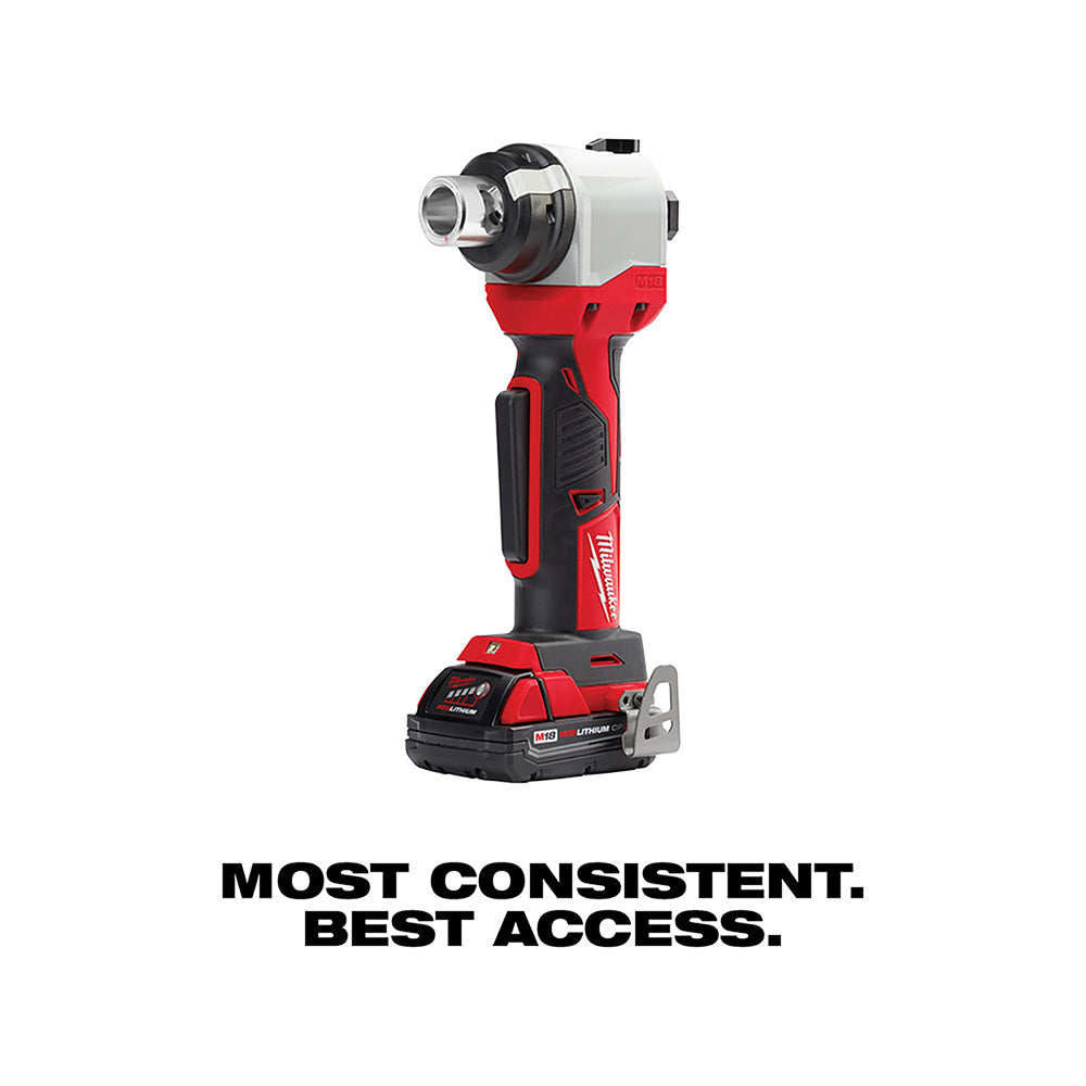 Milwaukee M18 cable stripper with red and black handle, circular stripping head, and rechargeable battery base.