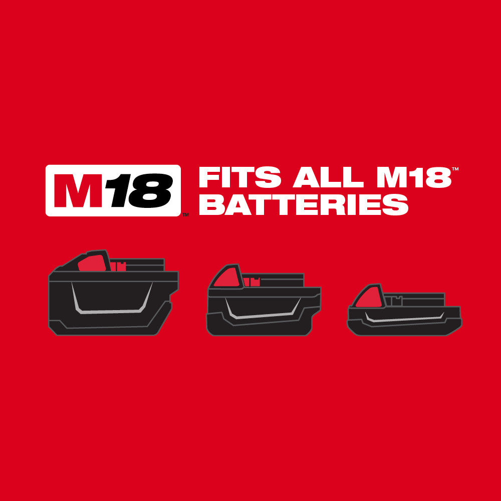 M18 logo and three black battery illustrations in decreasing sizes with red handles on bright red background.