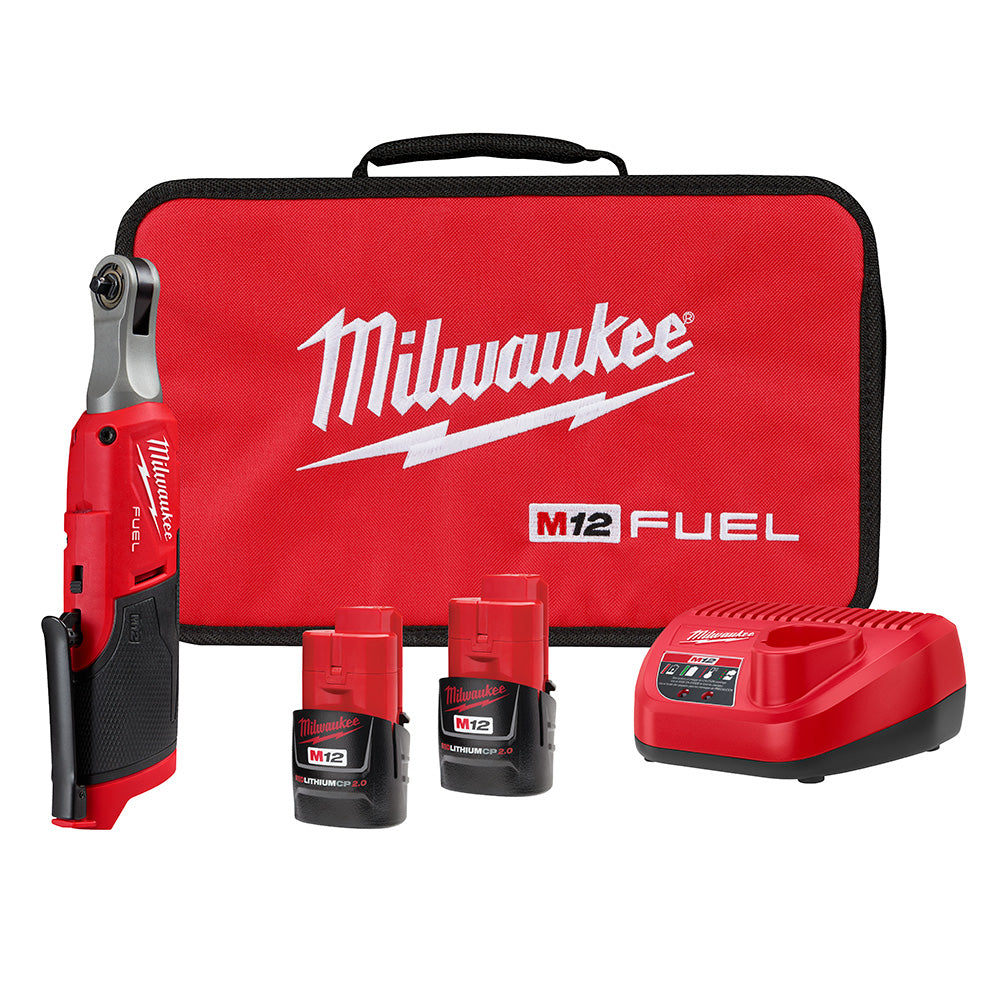 Milwaukee M12 FUEL ratchet kit with red carrying case, two batteries, and charger.