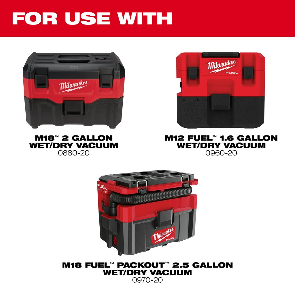 Three red and black Milwaukee wet/dry vacuum models displayed: M18 2-gallon, M12 Fuel 1.6-gallon, and M18 Fuel Packout 2.5-ga