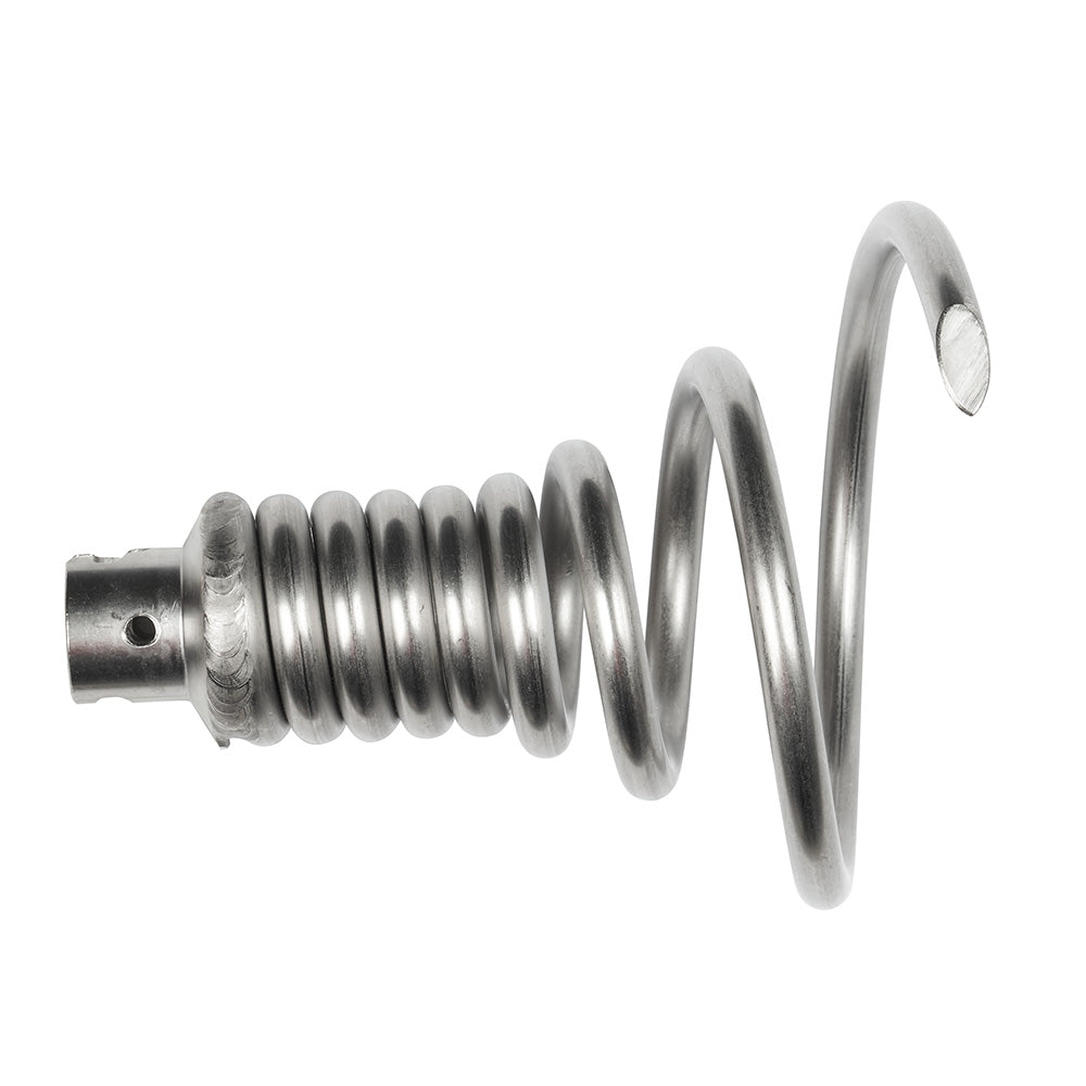 Metal funnel auger with cylindrical shaft connector on left, coiled center section, and two large circular loop ends on right