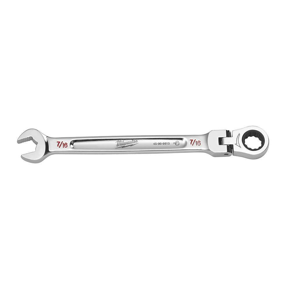 Silver Milwaukee combination wrench with open end on left, flex ratchet head on right, marked 7/16.