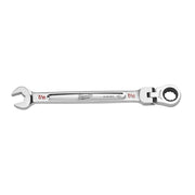 Silver Milwaukee combination wrench with open end on left, flex ratchet head on right, marked 7/16.