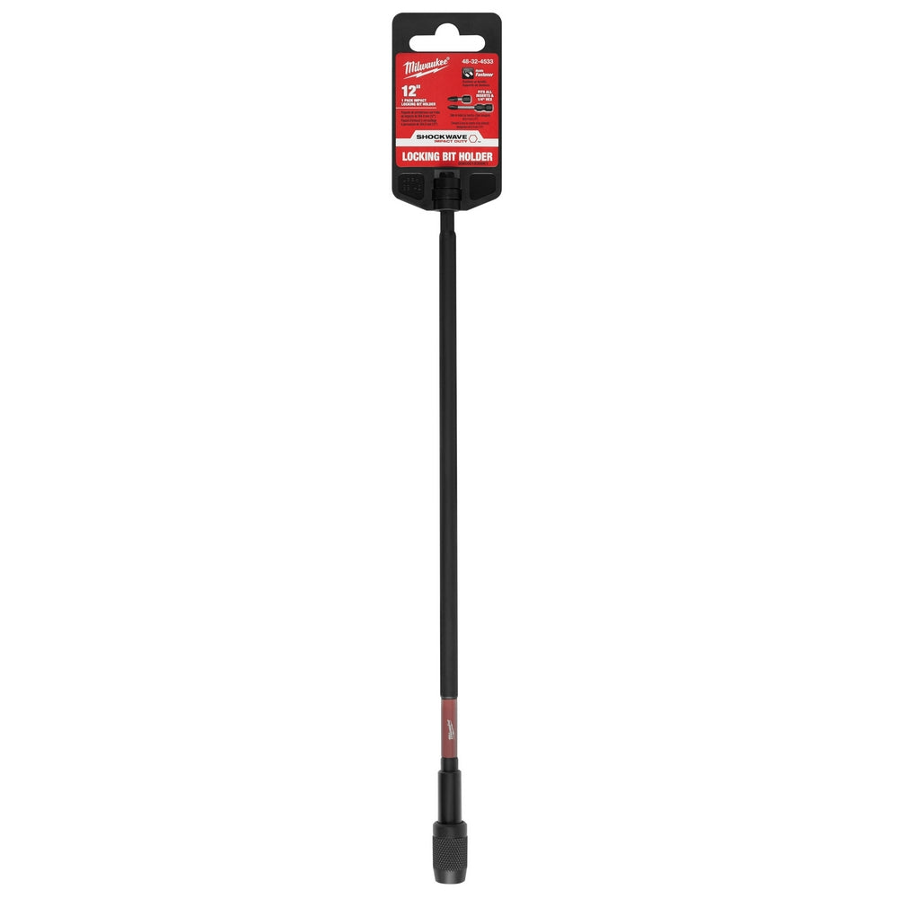 Black impact locking bit holder with red and black packaging card attached at top.