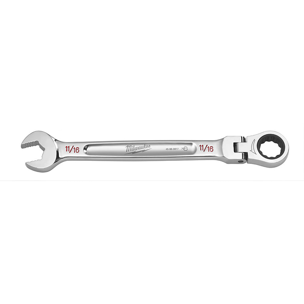 Silver combination wrench with open end on left and flex ratchet head on right, labeled 11/16 inch.