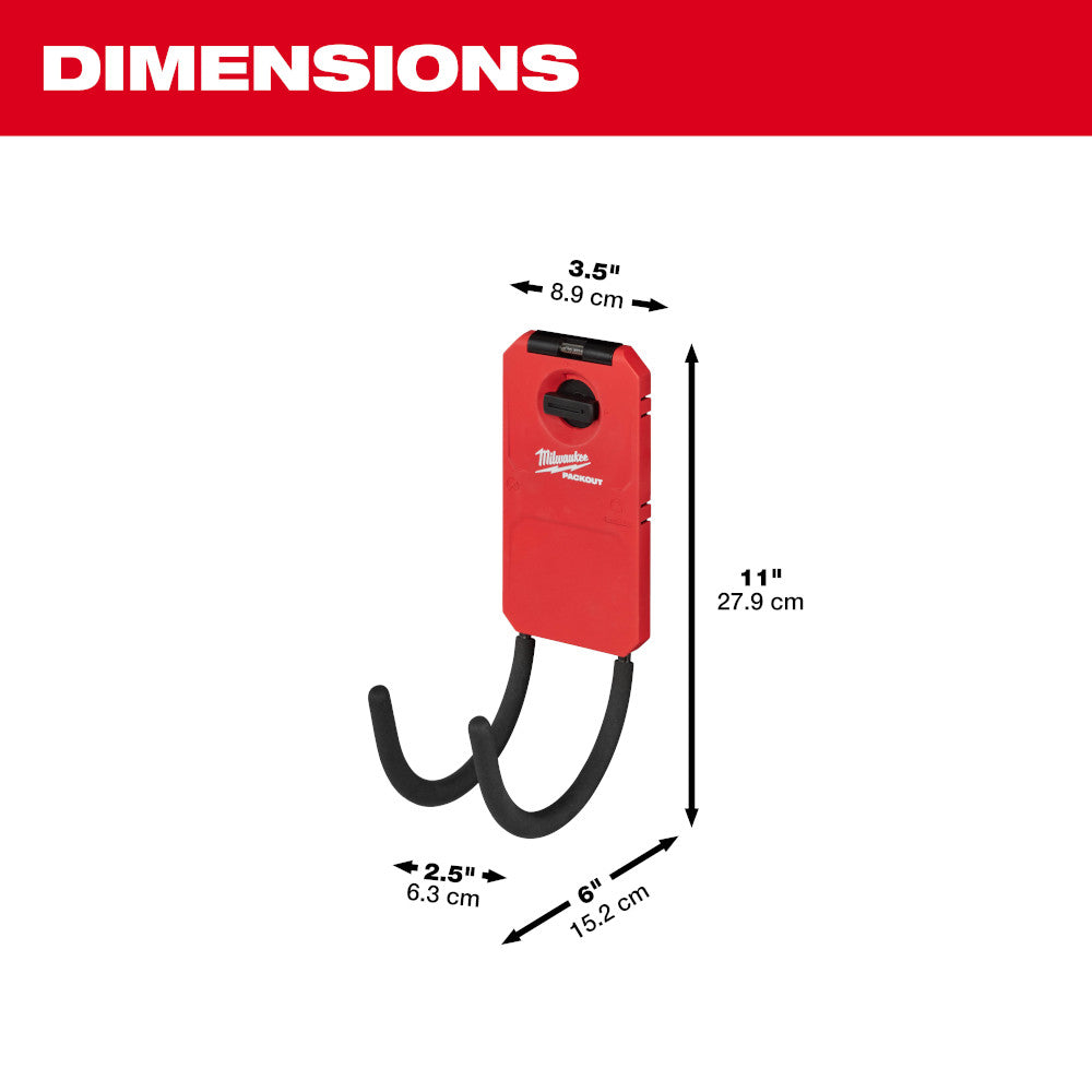 Red PACKOUT storage unit with dual curved black hooks and dimension measurements displayed.
