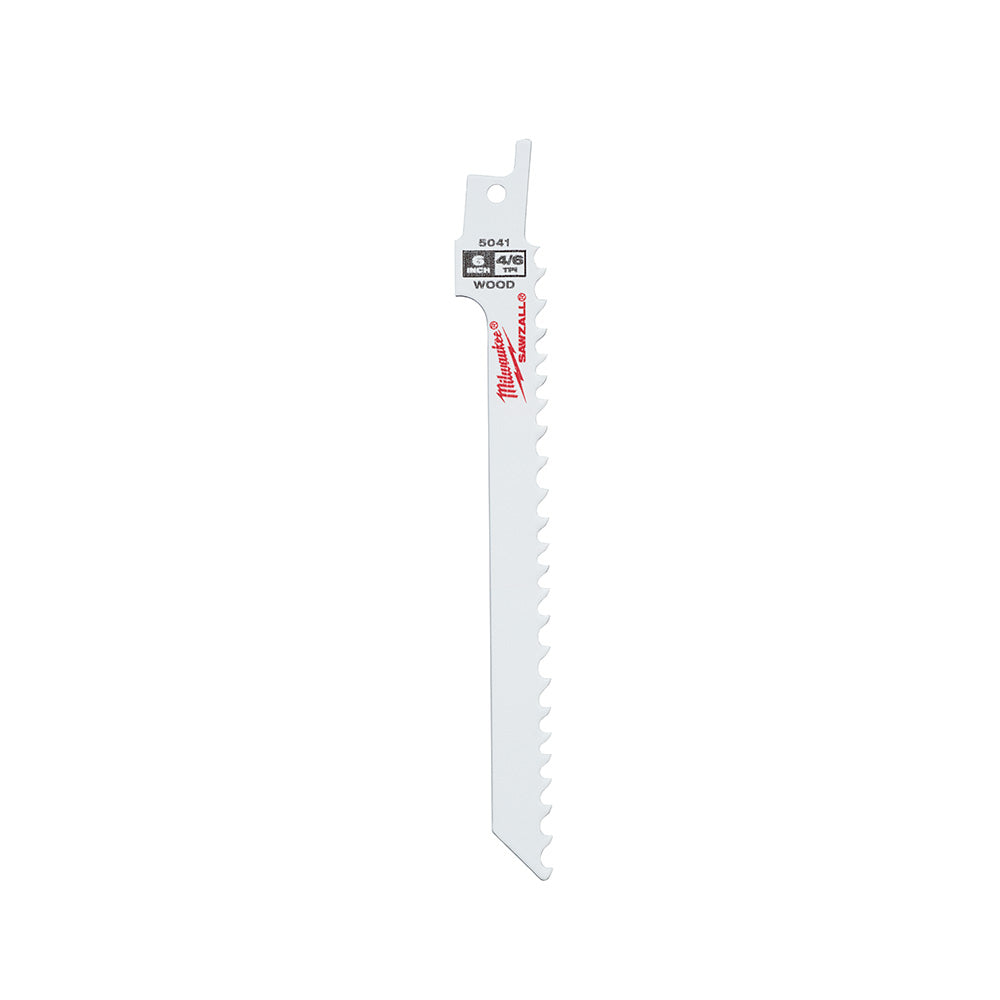 Milwaukee 48-00-5041 6-inch reciprocating saw blade with 4/6 TPI teeth for wood cutting.