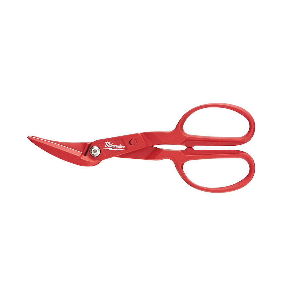 Red Milwaukee offset compound tin snips with curved blades and ergonomic handles.