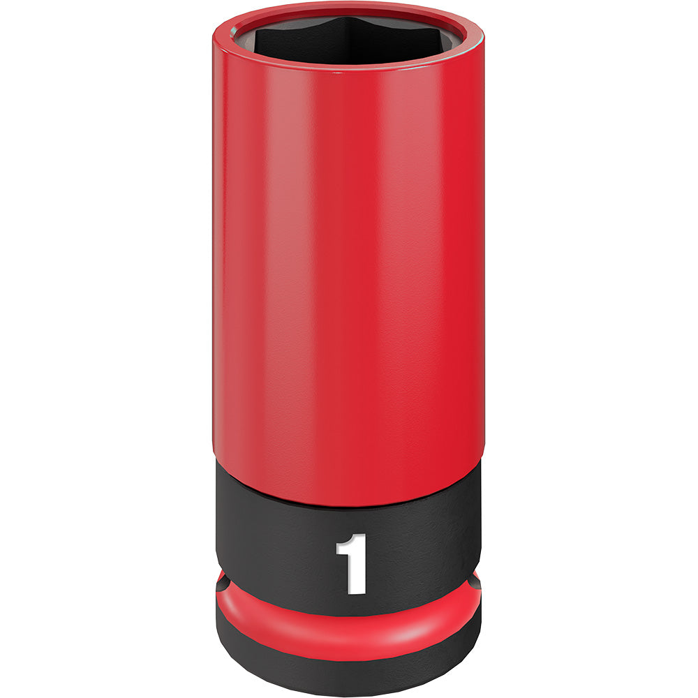 Red and black 1/2 drive impact socket with 1 inch opening for lug nuts.