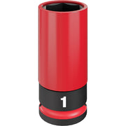 Red and black 1/2 drive impact socket with 1 inch opening for lug nuts.