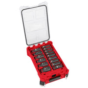 15-piece socket set in red PACKOUT case with clear lid, containing black impact sockets arranged in rows.