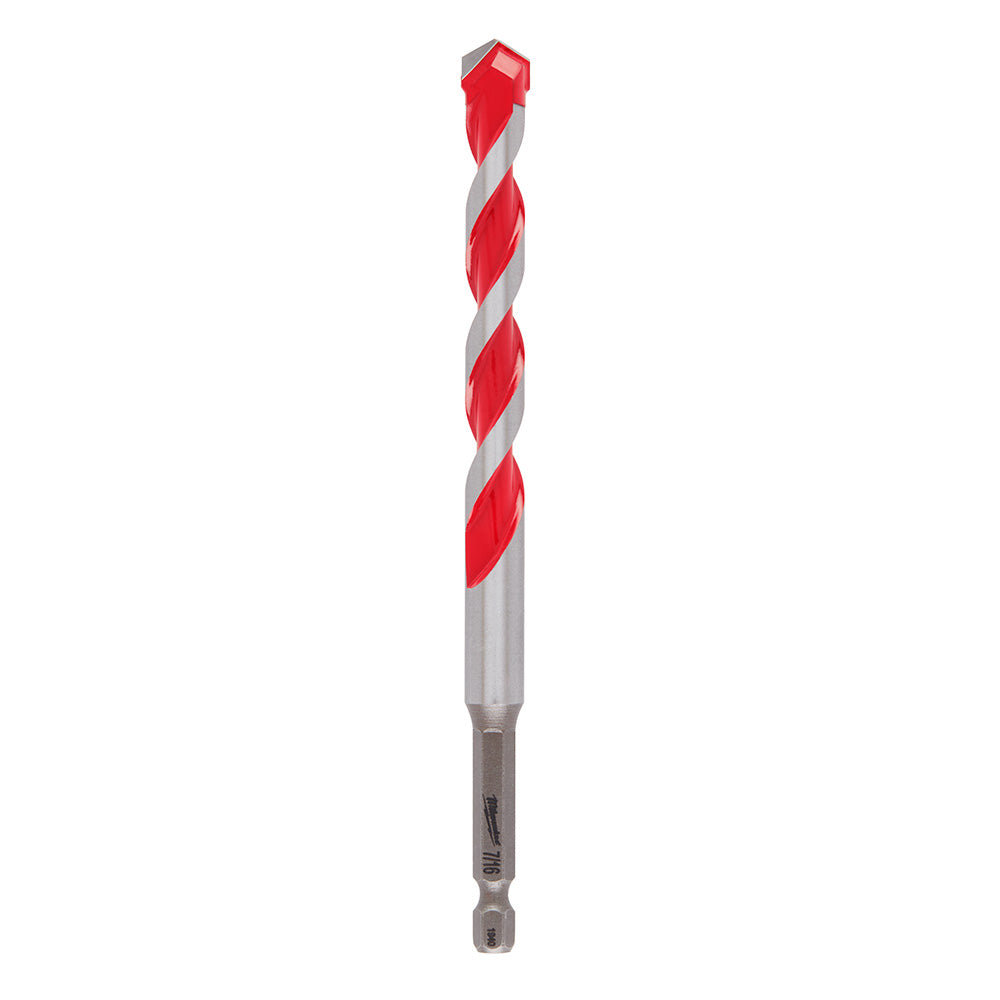 Red and gray carbide hammer drill bit with spiral flutes and hexagonal shank.