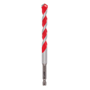 Red and gray carbide hammer drill bit with spiral flutes and hexagonal shank.