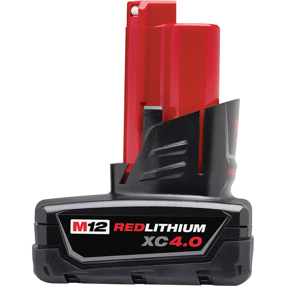 Red and black Milwaukee M12 REDLITHIUM XC 4.0 battery pack with charging dock attachment.