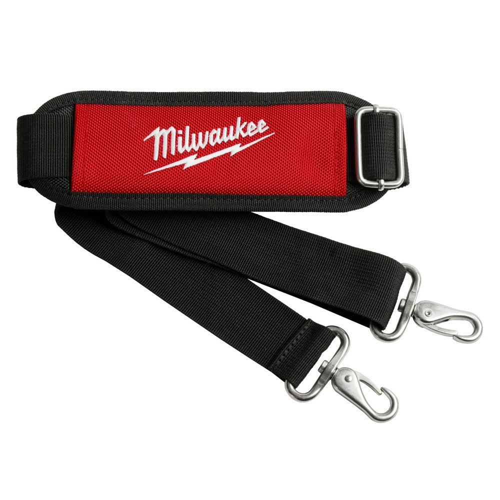 Black nylon shoulder strap with red padded section and Milwaukee logo, featuring metal buckles and snap hooks on both ends.