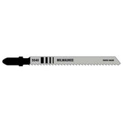 Milwaukee 5540 jig saw blade with black handle, metal shaft, and fine-toothed cutting edge labeled "Swiss Made."