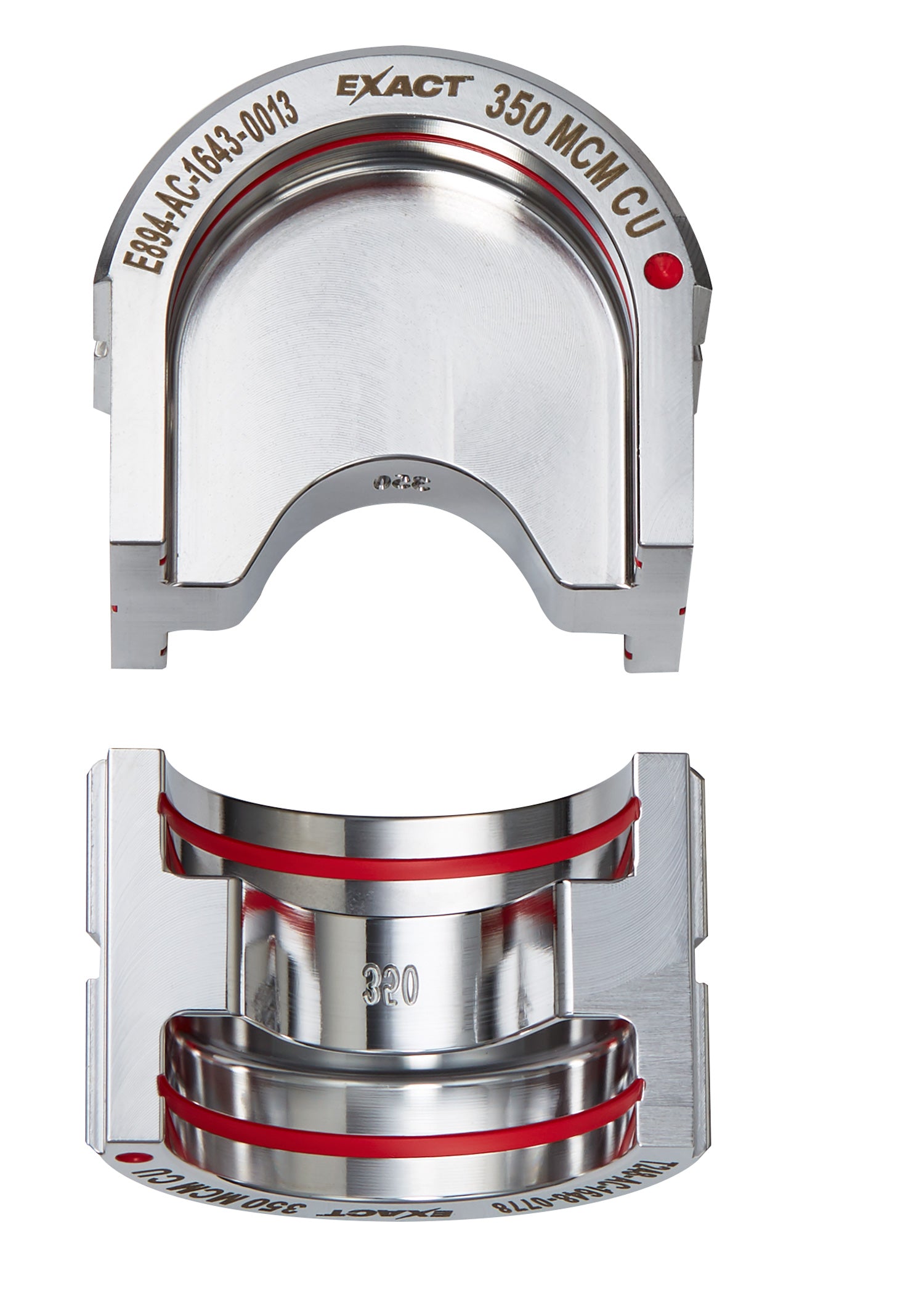 Milwaukee EXACT 350 MCM copper U-style die with gray aluminum housing and red bands, shown from top and bottom views.