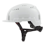 White safety helmet with front brim, vented crown, and black chin strap with adjustment hardware.