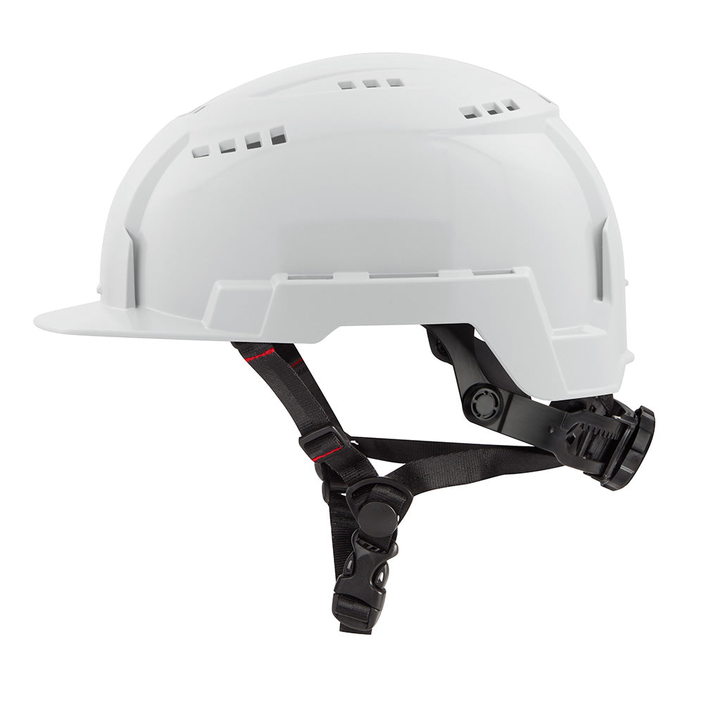 White safety helmet with front brim, vented crown, and black chin strap with adjustment hardware.