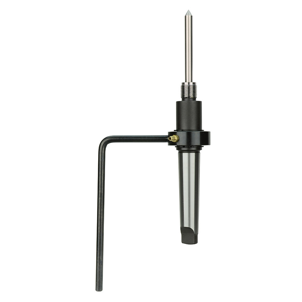 Steel arbor with #3 Morse taper shank, threaded spindle on top, and L-shaped wrench handle attached.