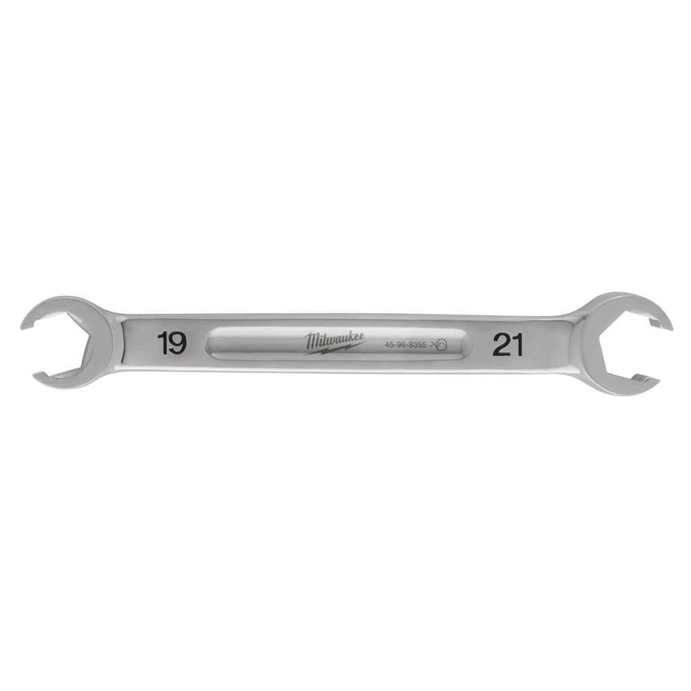 Silver double-end flare nut wrench with 19mm and 21mm openings and Milwaukee branding.