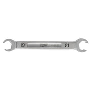 Silver double-end flare nut wrench with 19mm and 21mm openings and Milwaukee branding.