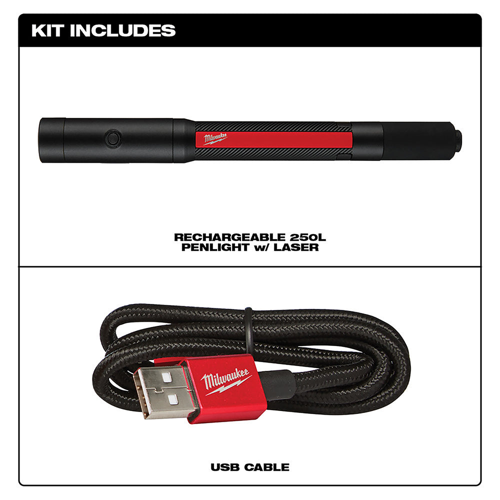 Black rechargeable penlight with red Milwaukee branding and integrated laser, shown with black braided USB charging cable.