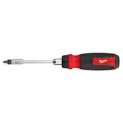 Milwaukee ratcheting multi-bit screwdriver with red and black handle and extended shaft with bit cartridge.