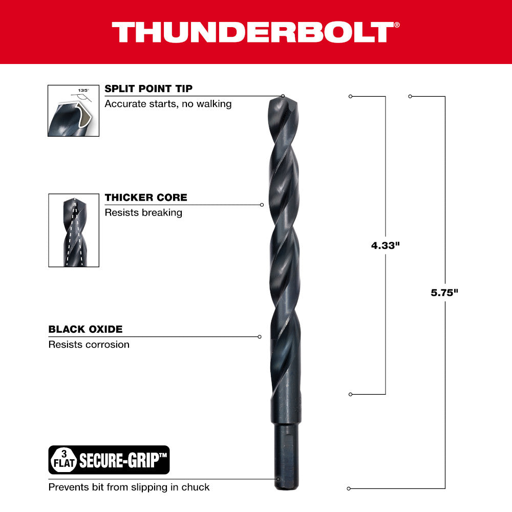 Black oxide twist drill bit with split point tip, thicker core, and secure-grip shank.