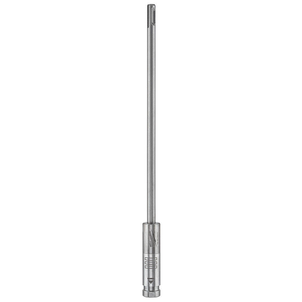 Long metallic SDS+ extension rod with ribbed grip section and locking mechanism at base.