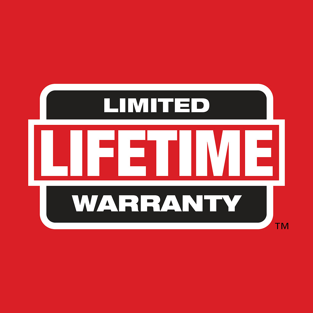 Milwaukee Limited Lifetime Warranty badge on red background.