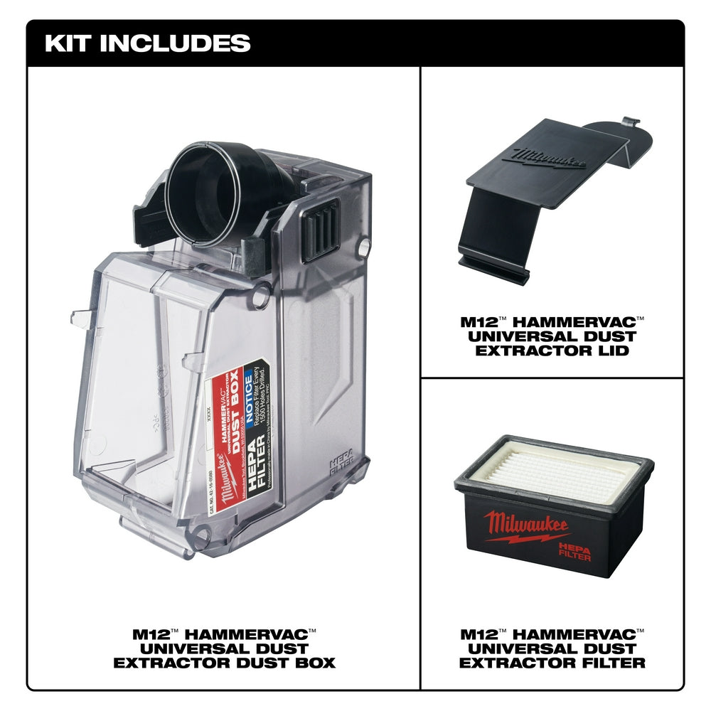 M12 HAMMERVAC universal dust extractor kit with transparent collection box, black lid, and white pleated filter.