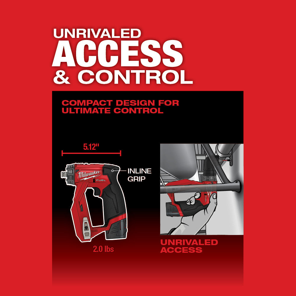 Red and black Milwaukee M12 FUEL compact drill/driver with inline grip, shown at 5.12" length and 2.0 lbs weight, with instal