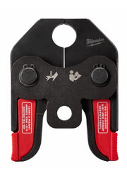 Black and red metal crimp jaw with two circular openings, adjustment knobs, and red handles labeled for 5/8 inch PEX crimping
