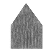 Gray mesh sanding sheet with triangular point, featuring perforated surface pattern.