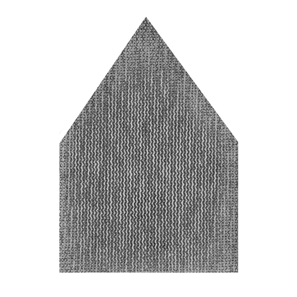 Gray mesh sanding sheet with triangular point, featuring perforated surface pattern.