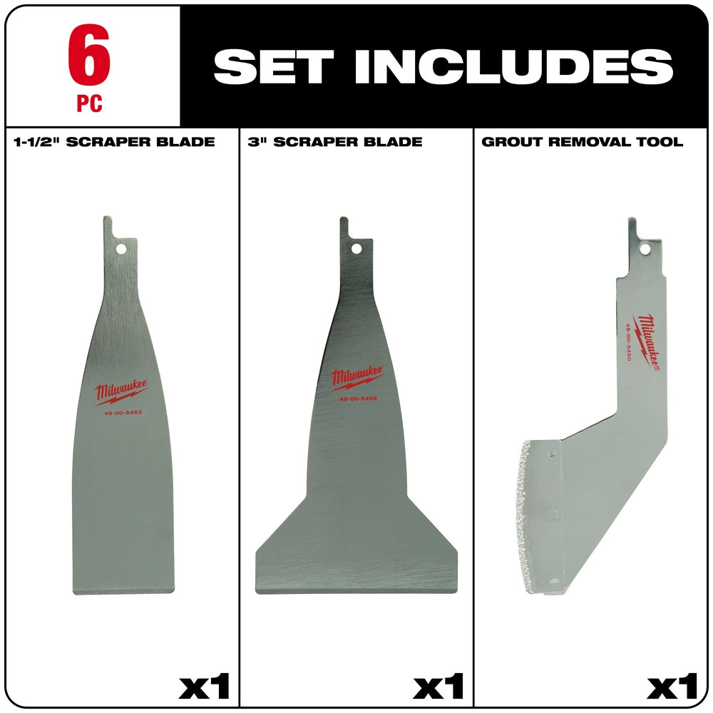 Three Milwaukee scraper and removal tools: 1-1/2" blade scraper, 3" blade scraper, and grout removal tool.