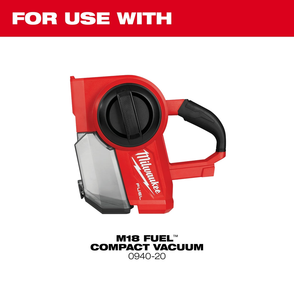 Red and black Milwaukee M18 FUEL compact vacuum filter with circular opening and black handle grip.