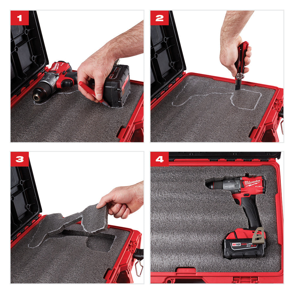 Customizable gray foam insert with red and black drawer showing tool placement and removal steps.