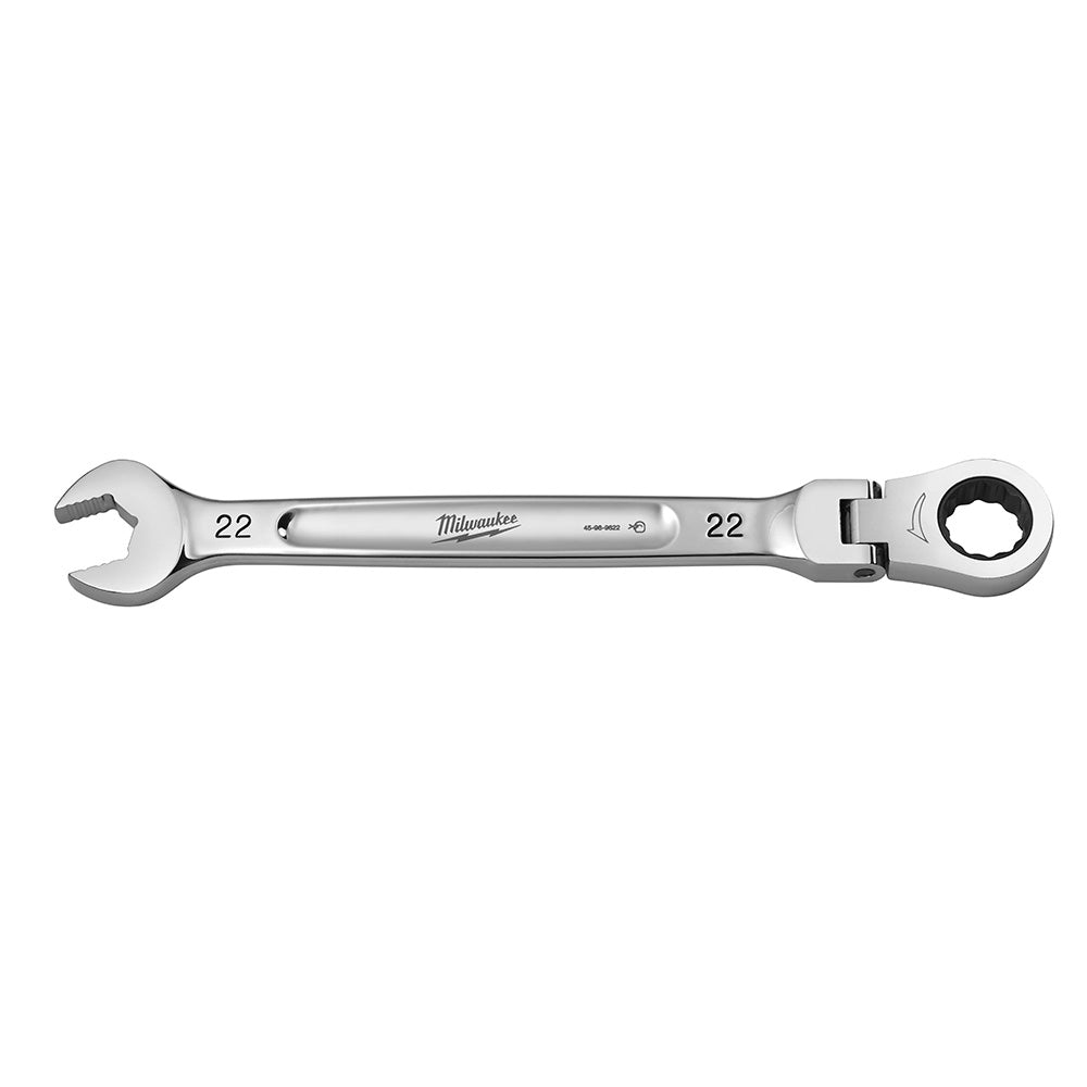 Milwaukee 22mm flex head ratcheting combination wrench with open end and ratchet socket end.