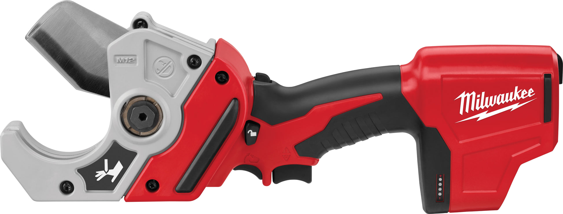 Milwaukee M12 cordless PVC shear with red and black body, gray cutting head, and black grip handle.